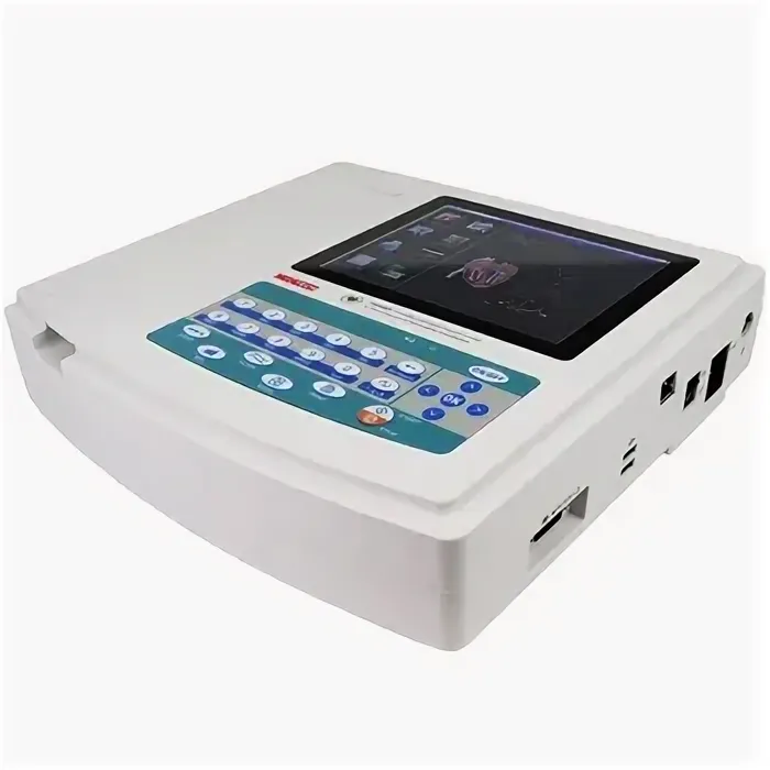 A medical device with a digital screen and keypad, used for monitoring or diagnostic purposes.