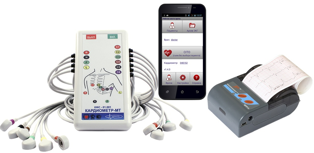 A medical device setup including a cardiometer with electrodes, a smartphone displaying related software, and a small printer.